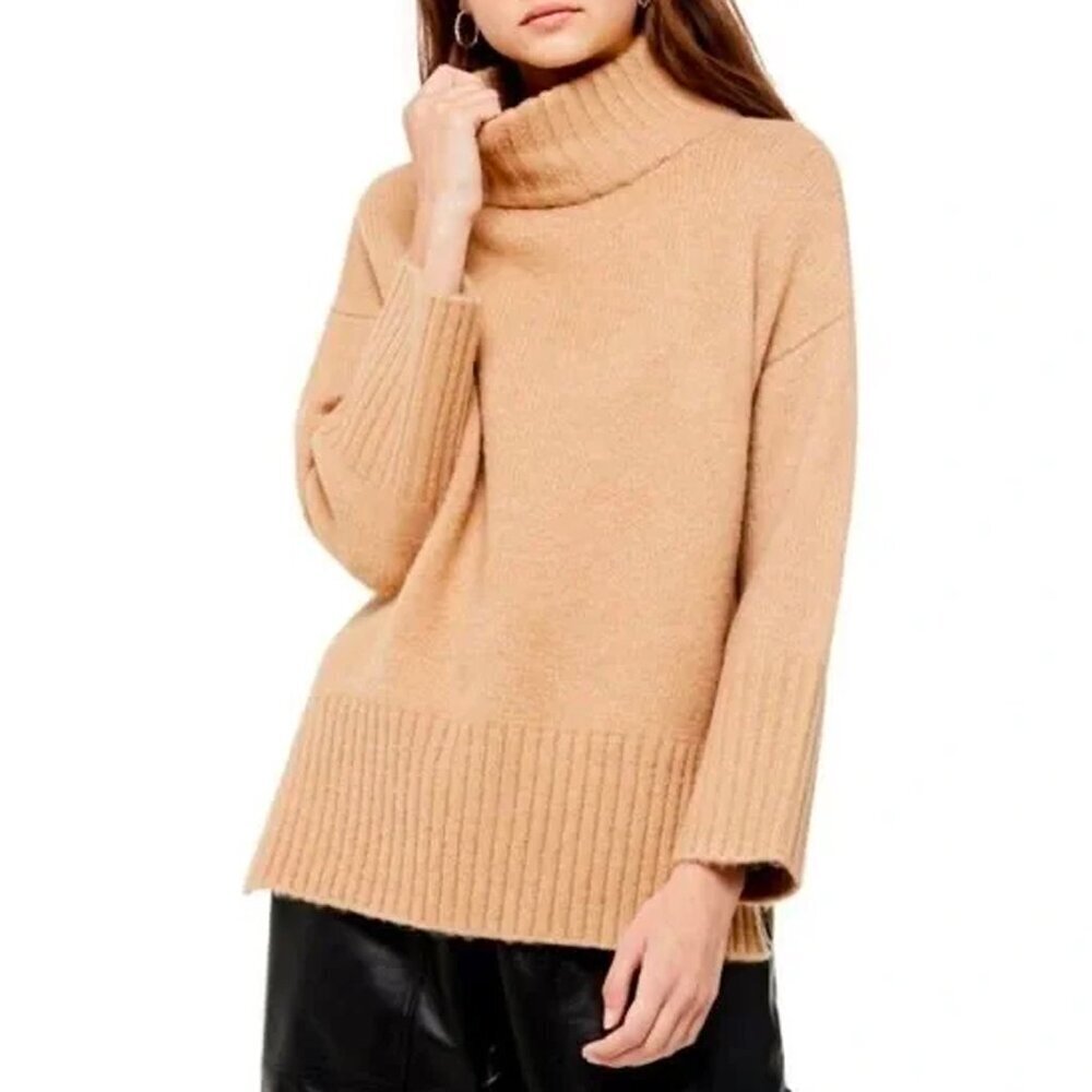 Topshop Size Medium Turtleneck Ribbed Knit Tan Brown Jumper Oversized Sweater